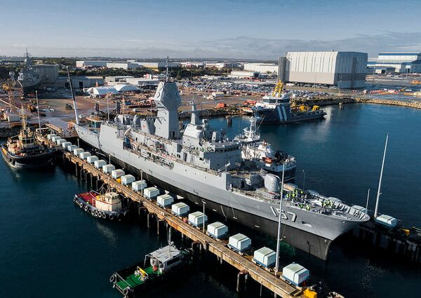 
        HMAS
        Perth
        being lowered out of the dry dock at the Australian Marine Complex at Henderson in Western Australia following completion of a major part of the AMCAP upgrades.
       (Royal Australian Navy/Commonwealth of Australia)