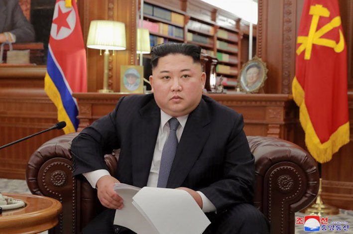 North Korean leader Kim Jong-un during a speech broadcast on state TV on 1 January 2019. Kim warned that Pyongyang “might be compelled to explore a new path” if Washington does not ease the sanctions imposed against the country. (Via KCNA)