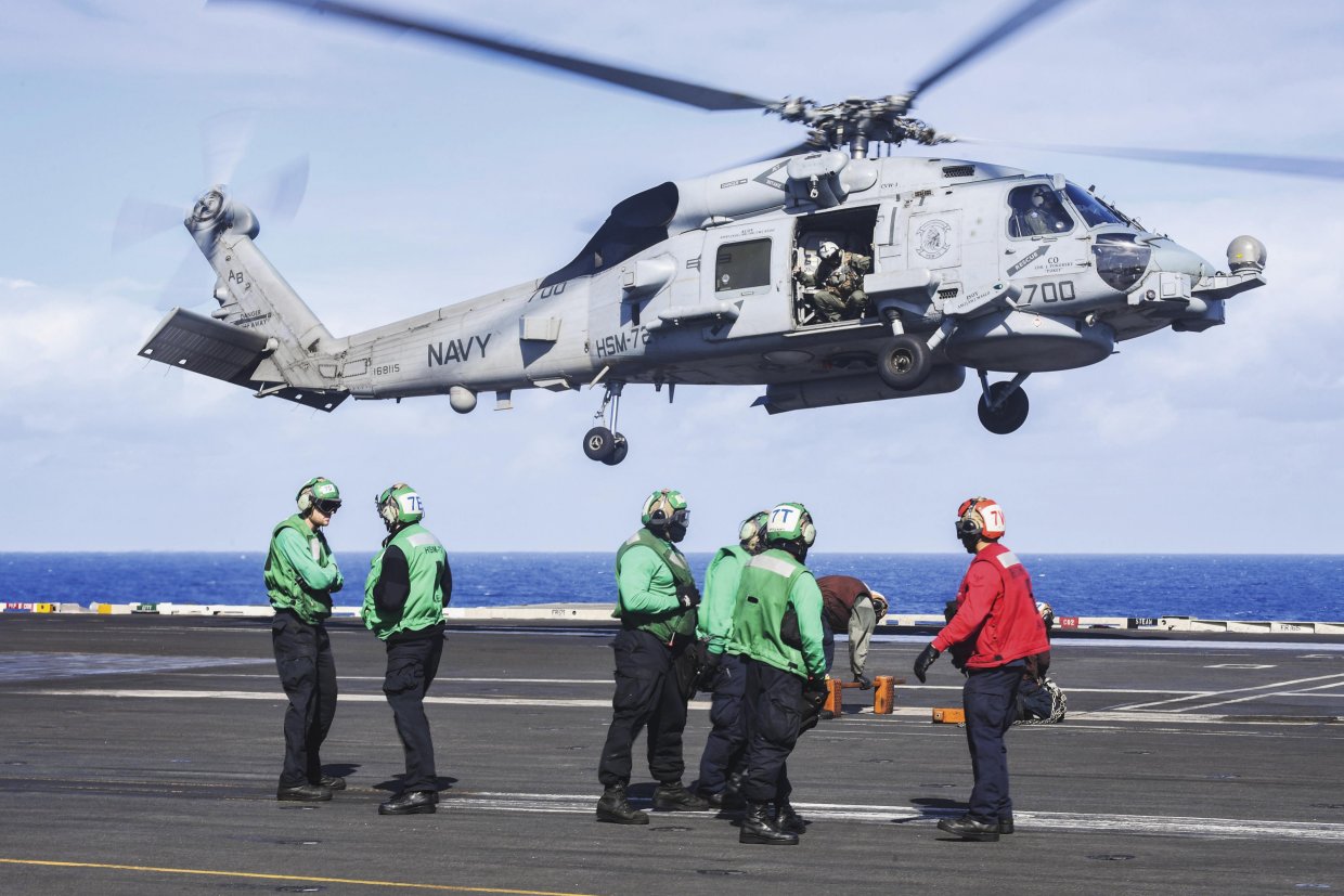 
        The MH-60R Seahawk helicopter, assigned to the ‘Proud Warriors’ of HSM 72, prepares to land aboard the Nimitz-class aircraft carrier USS 
        Harry S Truman
         in November 2018. The USN is going ahead with plans to build a new, FVL light- to medium-helicopter fleet.
       (USN)