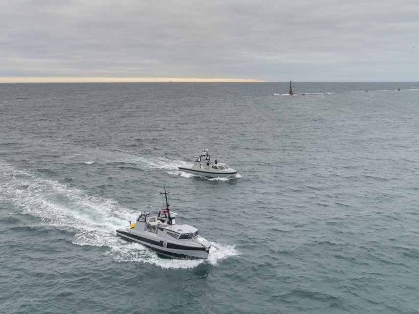 Two Thales unmanned surface vessels are pictured entering Plymouth Sound for the first time. (Thales)