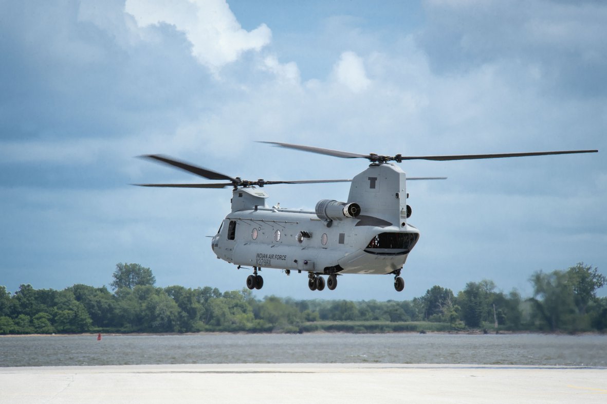 Seen during earlier pre-delivery trials, the first Chinook for India was handed over on 1 February. (Boeing)