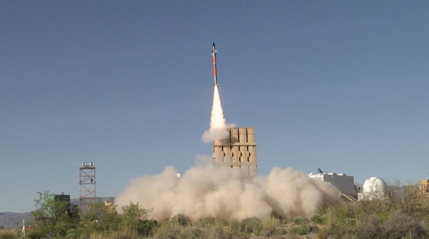 An Israeli Iron Dome Tamir missile shown launching from the US Army's new air-defence platform, the IFPC 2-Intercept multimission launcher. (US Army/John A Hamilton)