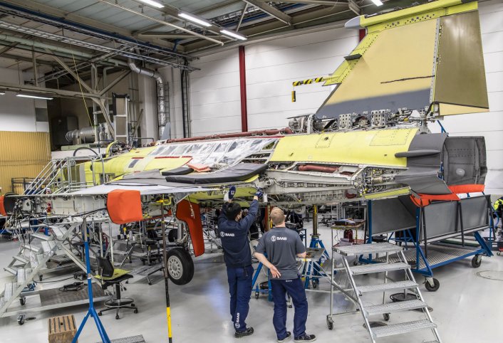 The first Saab Gripen E for Brazil (pictured) is in final assembly. (Saab)