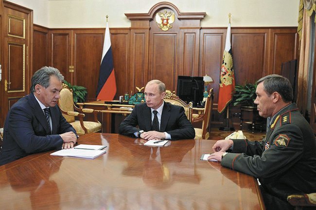 Russian Chief of the General Staff Gen Gerasimov (right) pictured with President Vladimir Putin (centre) and Defence Minister Sergei Shoigu. The general has been responsible for many of the changes in Russia’s armed forces that have turned it into an agile and capable force. (Russian Presidential Press and Information Office)