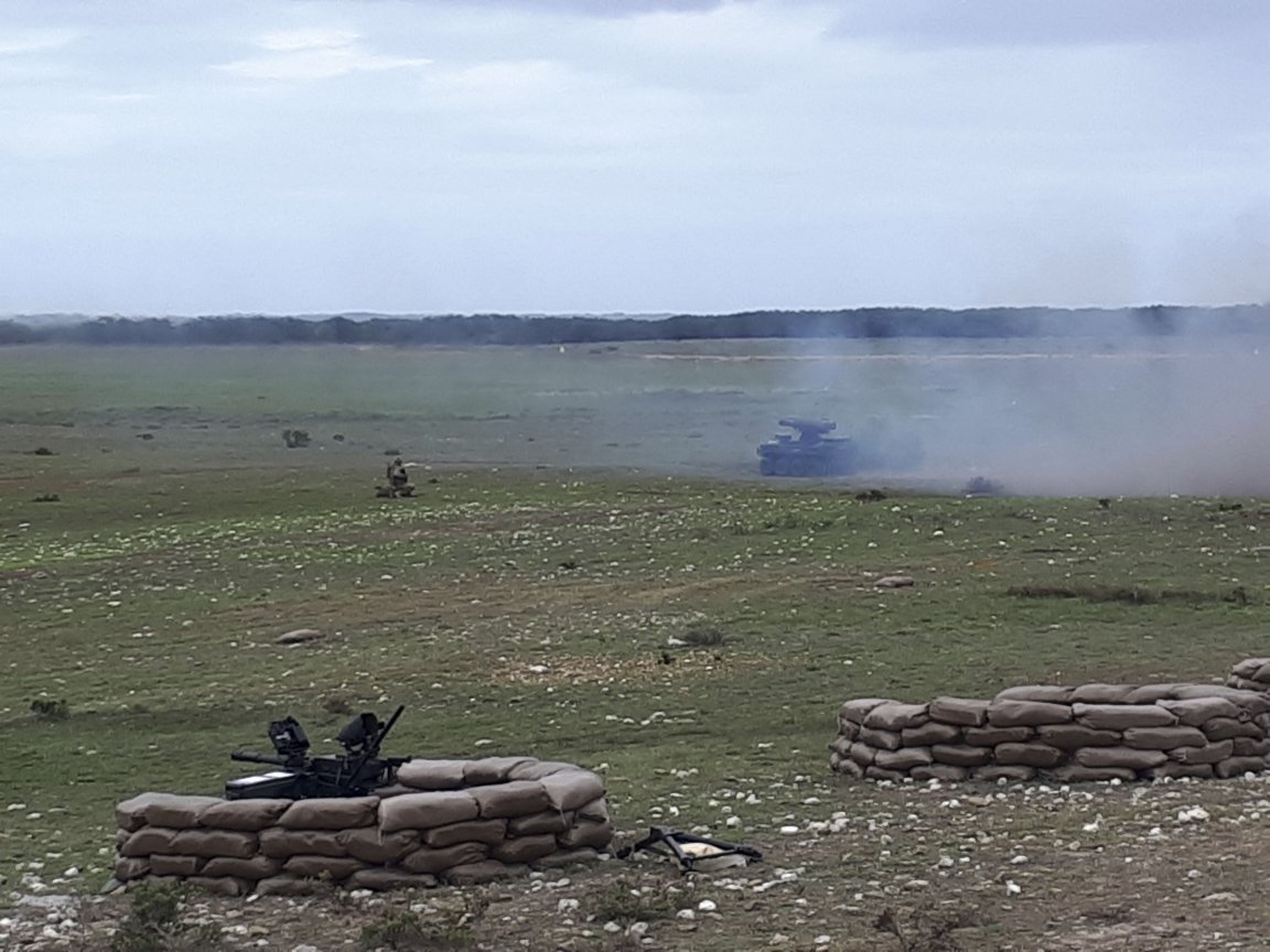 A Rheinmetall Mission Master UGV controlled by a single soldier wearing Argus equipment fired Thales 70 mm rockets at the Overberg test range on 20 March. (IHS Markit/Nicholas Fiorenza)