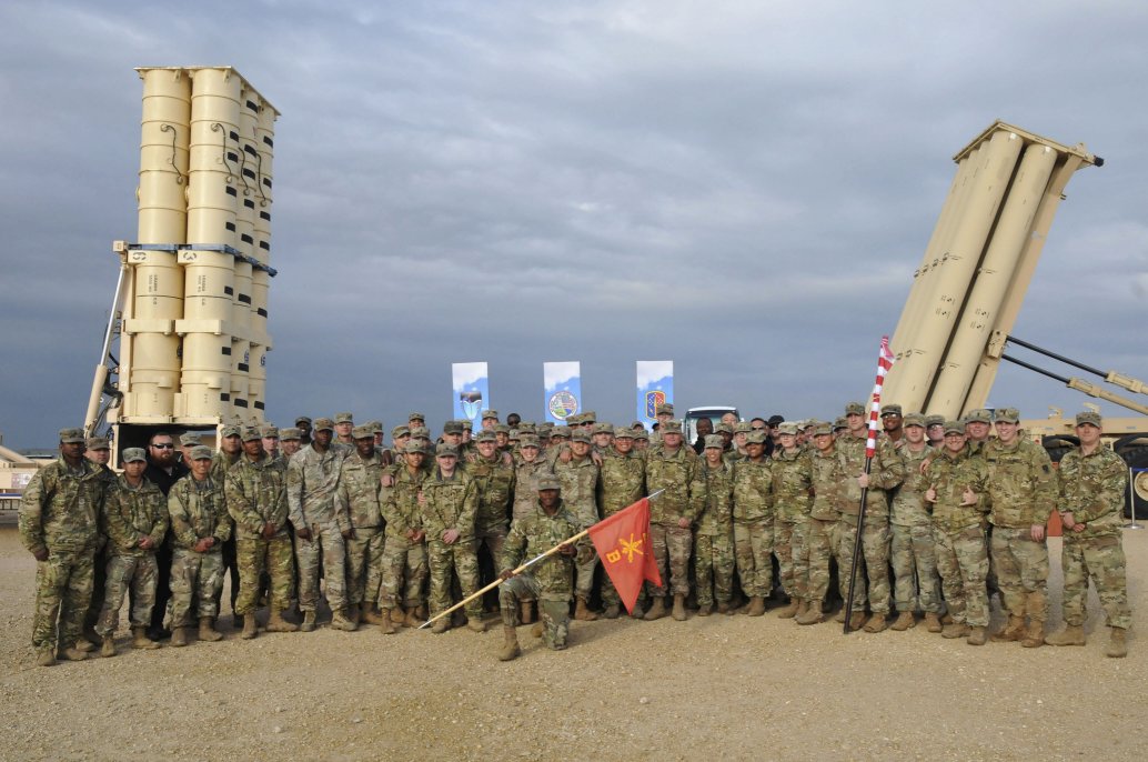 US Army soldiers during the closing ceremony held on 25 March for an exercise involving the deployment of a THAAD battery to Israel. A THAAD launcher can be seen on the right, one from the Israeli Arrow system on the left. (Captain Aaron Smith / 174 Air Defense Artillery Brigade / US Army)