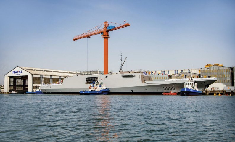 The Alsace, the first Frégate Européenne Multi-Missions (FREMM) frigate with enhanced air defence capabilities, was launched by Naval Group at its Lorient site on 18 April. (Naval Group)