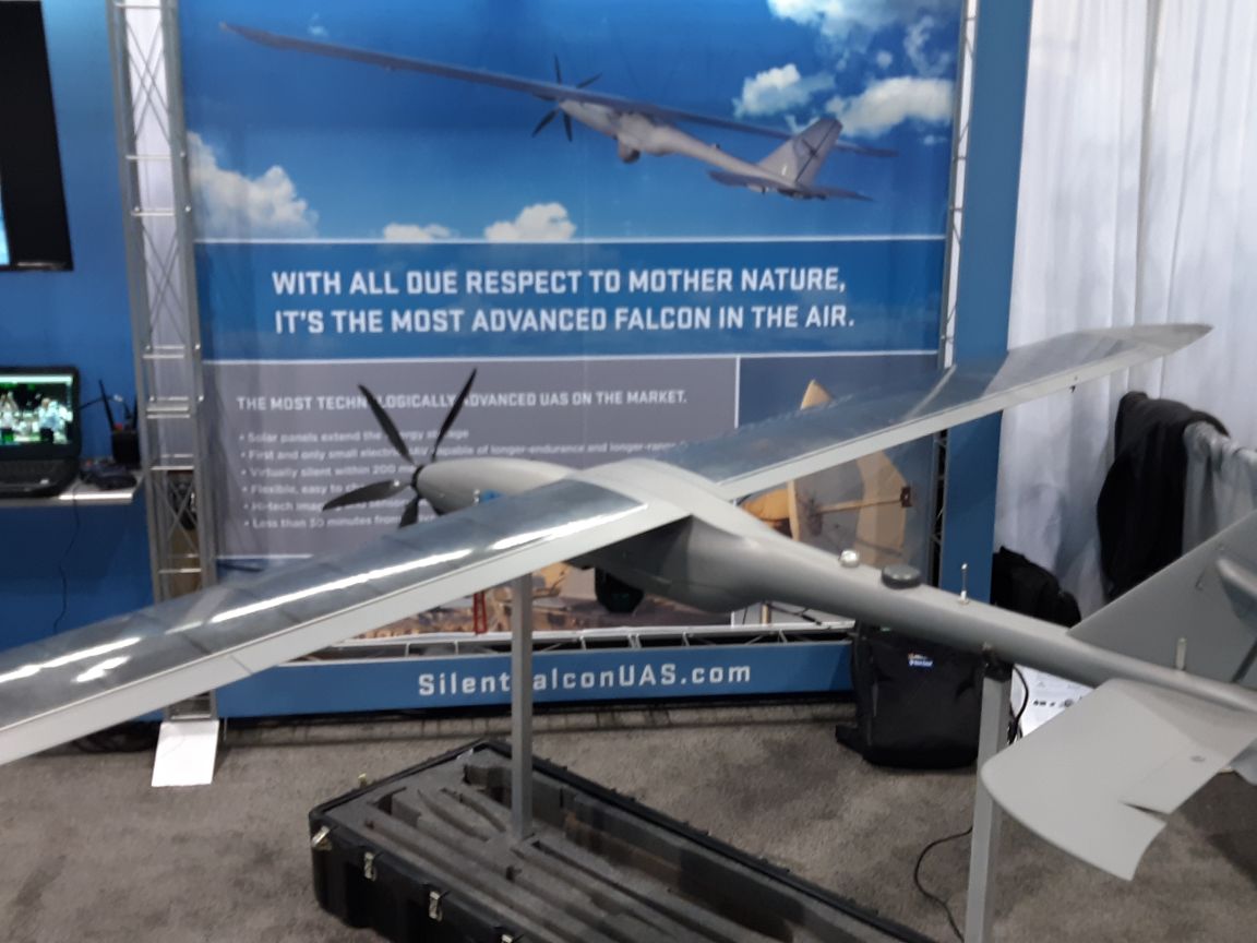 Silent Falcon has been awarded a DARPA contract for its namesake solar electric Group 2 UAV, here pictured on 1 May at the 2019 AUVSI Xponential conference in Chicago. (IHS Markit/Pat Host)