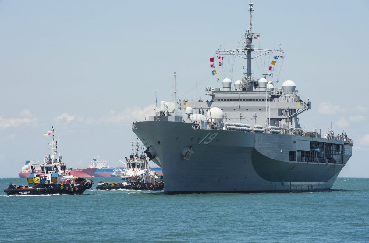 
        US 7th Fleet flagship USS
        Blue Ridge
        (LCC 19) arriving in Singapore for a scheduled port visit on 8 May.
       (US Navy)