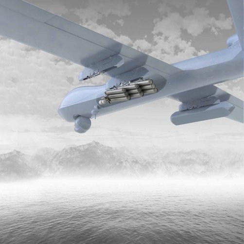 Conceptual art of the Sonobuoy Dispenser System fitted to an unmanned aerial vehicle. (Harris Corporation)