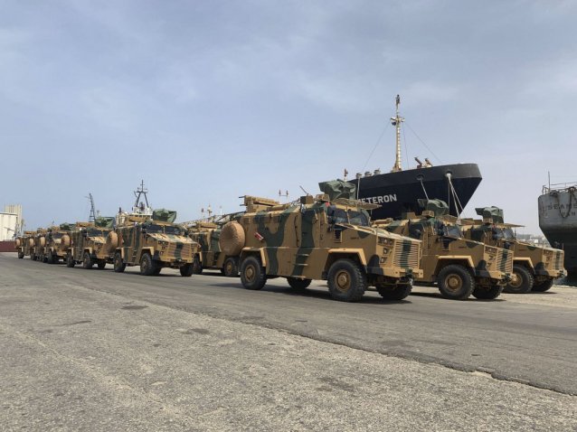 BMC Kirpi II MRAPs are seen after being unloaded at Tripoli’s port in Libya on 18 May. The remotely controlled weapon stations are covered up, but are likely to be Aselsan SARPs, while the jamming antennas are folded to the rear. (Operation Volcano of Anger)