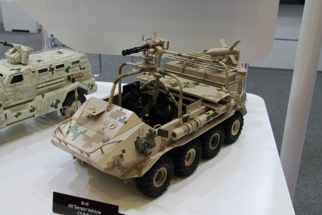 A scale model of the CS/VP4 8×8 ATV with a Gatling MG and Red Arrow 73 series ATGM on a launcher rail. (Christopher F Foss)