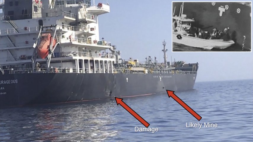 
        A photograph released by the US Navy shows the suspected limpet mine attached to
        Kokuka Courageous
        . A still (inset) from the footage released by CENTCOM shows an Iranian-type FIAC in a location that enabled its crew to recover the object.
       (US Navy/US Central Command)