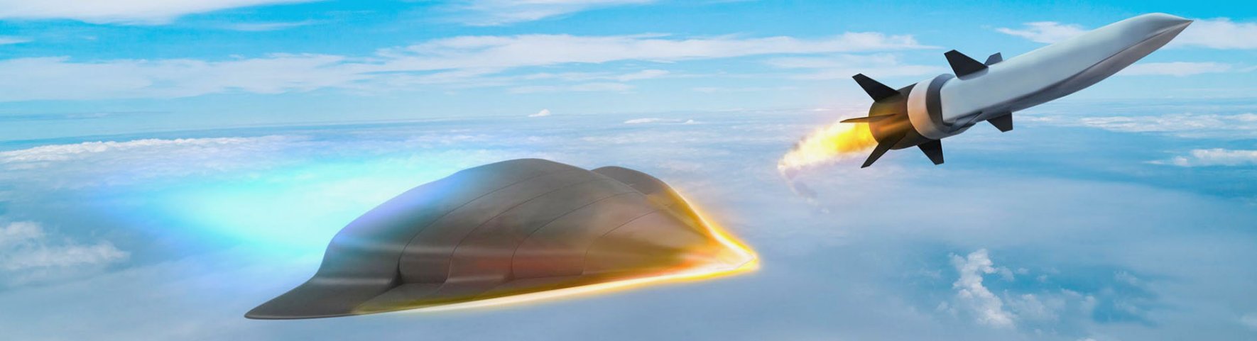 Artist’s rendering of prospective Raytheon hypersonic weapons solutions including boost-glide (left) and scramjet powered air-breathing (right foreground) hypersonic weapons concepts. (Raytheon)