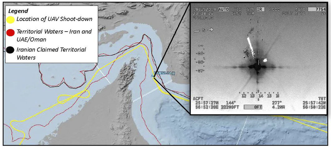 An image released by US Central Command (CENTCOM) appears to show the location and altitude of the RQ-4A immediately before it was hit by an Iranian surface-to-air missile in international airspace. (CENTCOM)