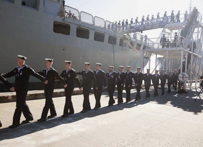 
        The crew of HMAS
        Success
        march off the ship for the last time during the AOR’s decommissioning ceremony on 29 June at Fleet Base East, Sydney.
       (RAN)