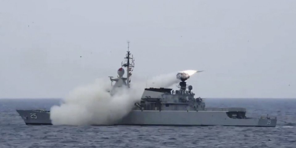 Screengrab from a video released by the Royal Malaysian Navy, showing KD Kasturi launching the MM40 Exocet anti-ship missile. (Royal Malaysian Navy)