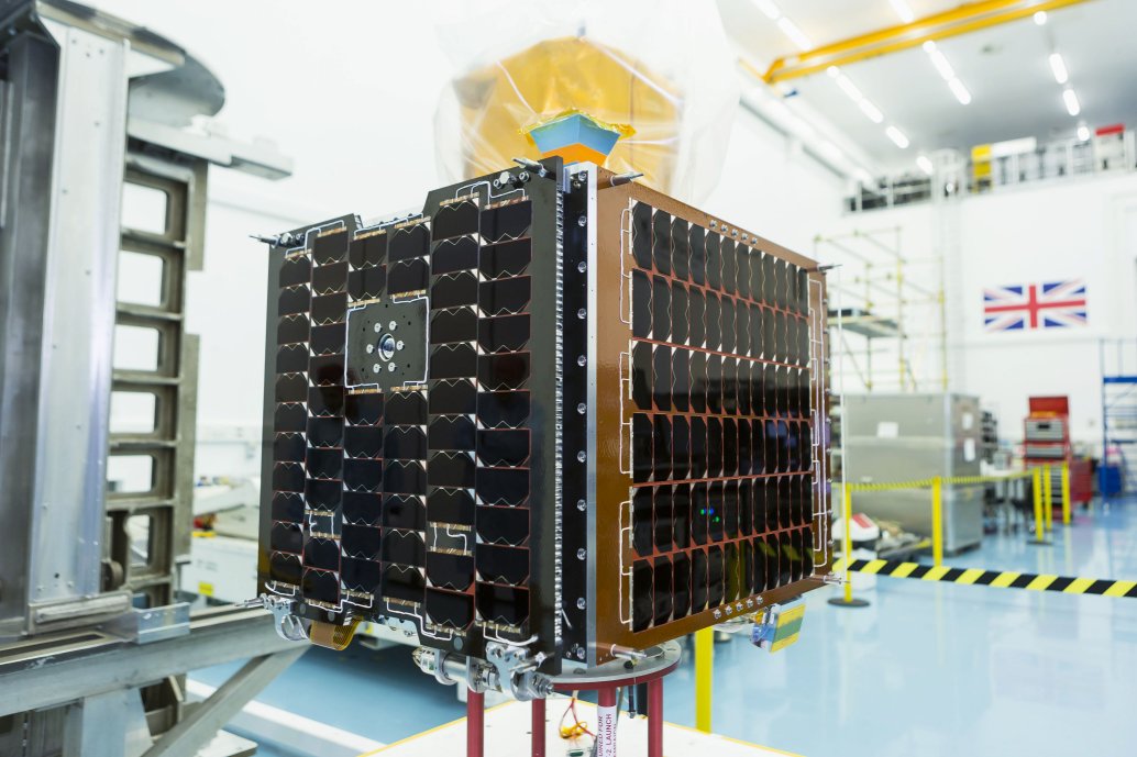 The UK’s Carbonite 2 satellite, seen here at the facilities of joint developer Surrey Satellite Technology Ltd. Carbonite 2 is the UK’s first low-Earth orbit high-definition imagery and video satellite, and is an example of the country’s engagement in the space domain. (Crown Copyright)