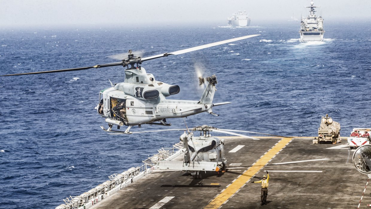 
        USS
        Boxer
        is seen transiting the Strait of Hormuz with the LMADIS counter-UAV system deployed on its deck. USS
        Harpers Ferry
        , another member of the
        Boxer
        Amphibious Ready Group, and expeditionary sea base ship USS
        Lewis B Puller
        can be seen in the background.
       (Lance Cpl Dalton Swanbeck / 11th Marine Expeditionary Unit)