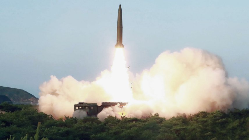 One of the short-range ballistic missiles that North Korea launched in 25 July in a “solemn warning [to] South Korean military warmongers”. (KCNA)