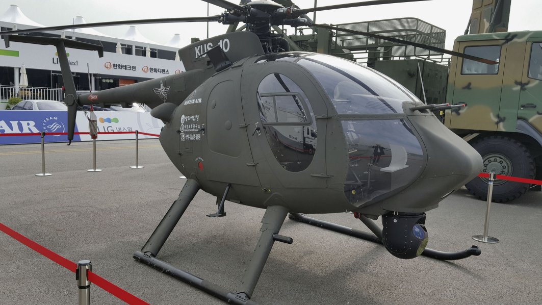 Seen at the ADEX 2017 exhibition in Seoul, the KUS-10 was an optionally-piloted testbed used in the development of the KUS-VH armed unmanned Little Bird helicopter. (IHS Markit/Gareth Jennings)