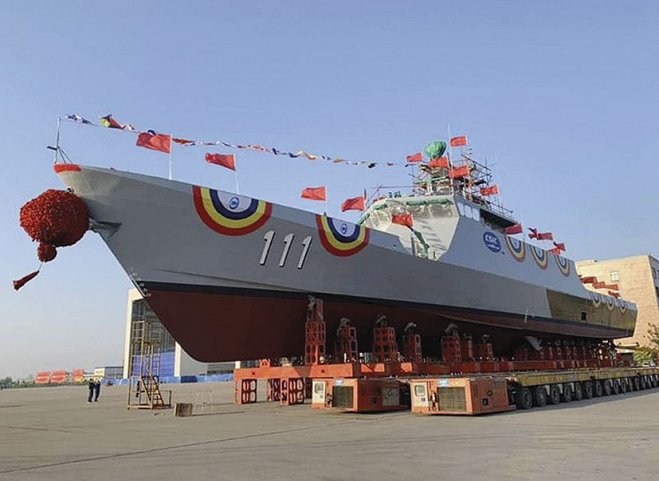 Malaysia’s first Littoral Mission Ship, Keris, seen here before its launch in China.  (Royal Malaysian Navy)