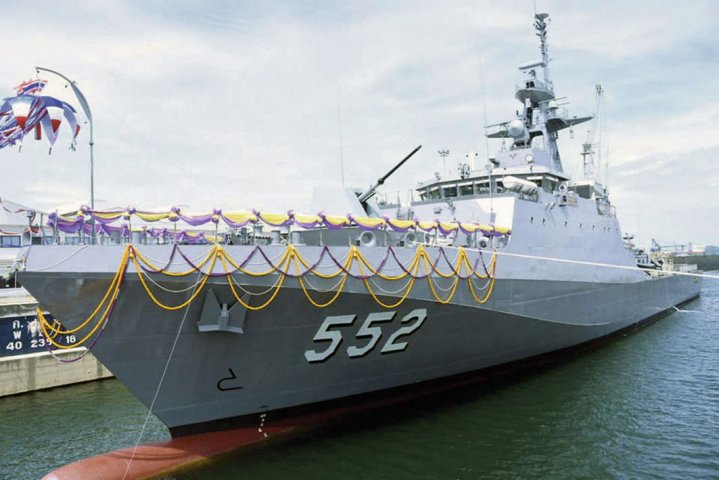 The Royal Thai Navy’s second Krabi-class offshore patrol vessel, Prachuap Khiri Khan, seen here at its ceremonial launch. (Royal Thai Navy)