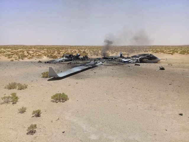 The winglets on this UAV seen crashed in this photograph released on 3 August indicate that it was a Wing Loong II. (Operation Volcano of Anger)