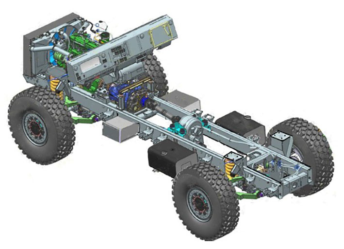 The new Texelis TXP 4×4 platforms are being marketed for armoured vehicles with a gross vehicle weight of between 14 and 18 tonnes. Shown is the TXP 14 with a front-mounted powerpack. (Texelis)