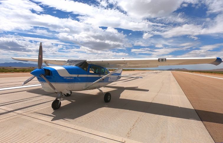 A 1968 Cessna 206 with ROBOpilot installed preparing for engine start on the runway at Dugway Proving Ground, Utah. (US Air Force)