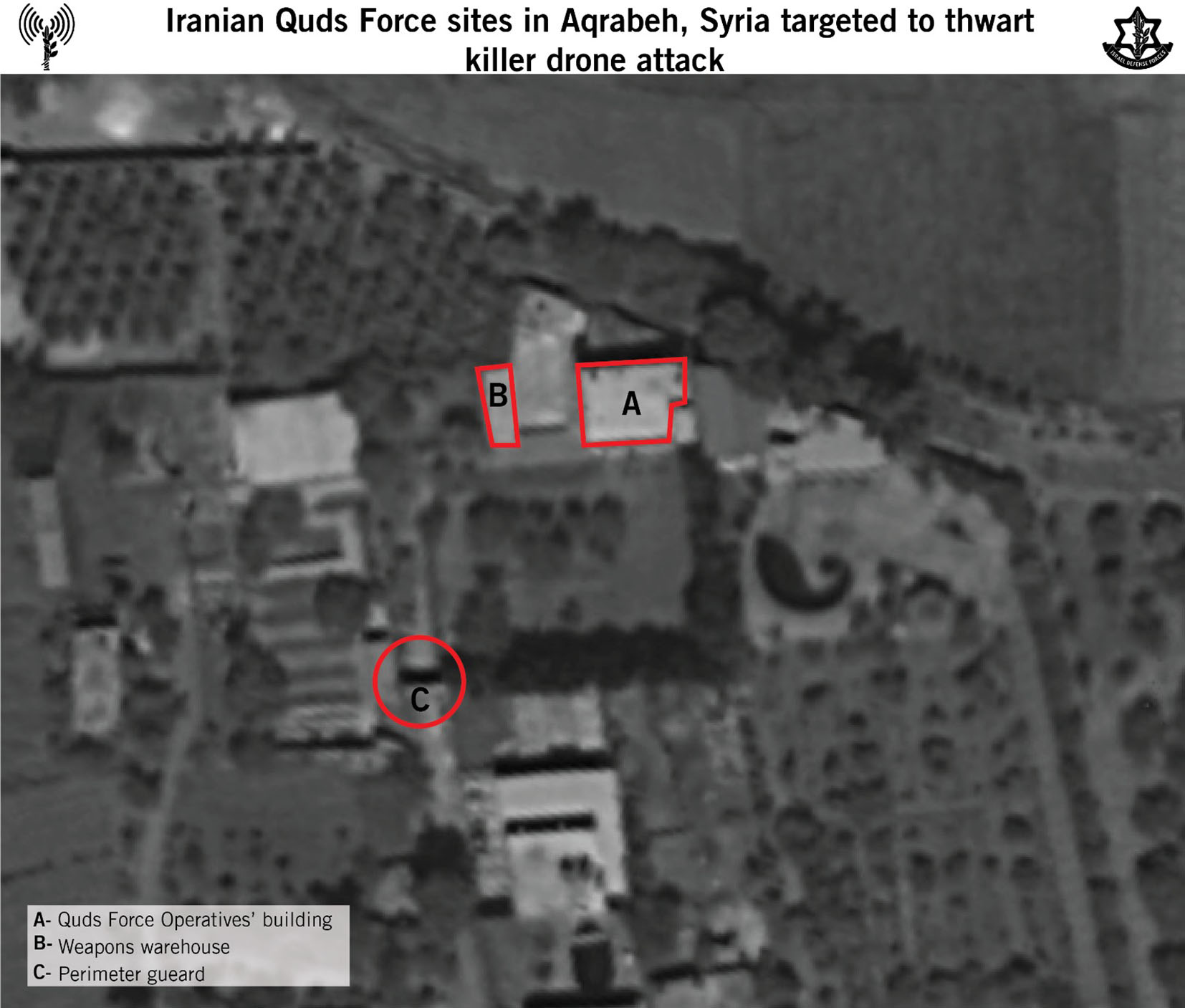 The IDF released a satellite image of the compound targeted in the 24 August airstrike. The compound is close to Aqrabah, a village north of Damascus International Airport. (Israel Defense Forces)