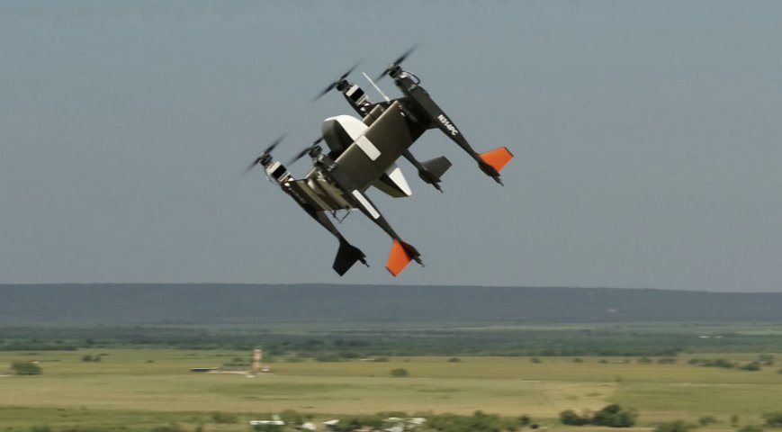 The Bell Autonomous Pod Transport (APT) 70 scalable modular unmanned vertical take-off and landing (VTOL) aircraft (left) from a flight in August 2019. (Bell)