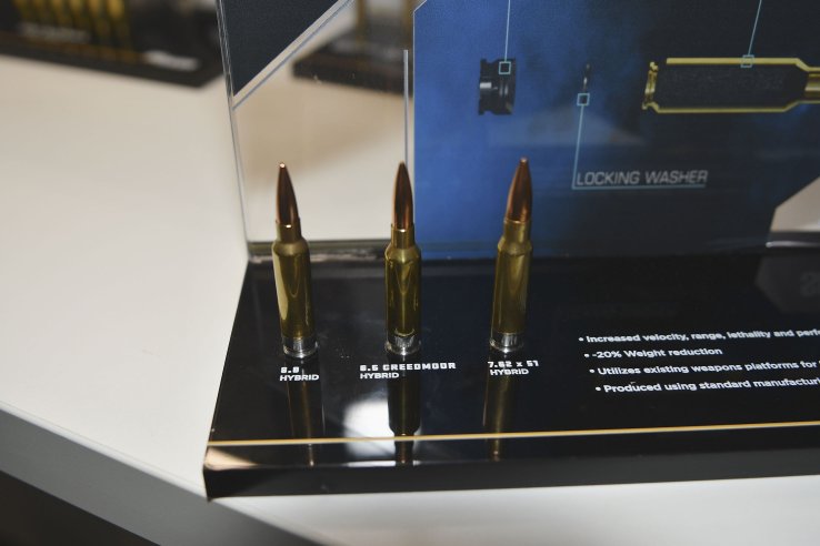 SIG Sauer’s hybrid ammunition range. From left to right: 6.8x51 mm, 6.5 mm Creedmoor and 7.62x51 mm. (IHS Markit/William Carboni Jardim)