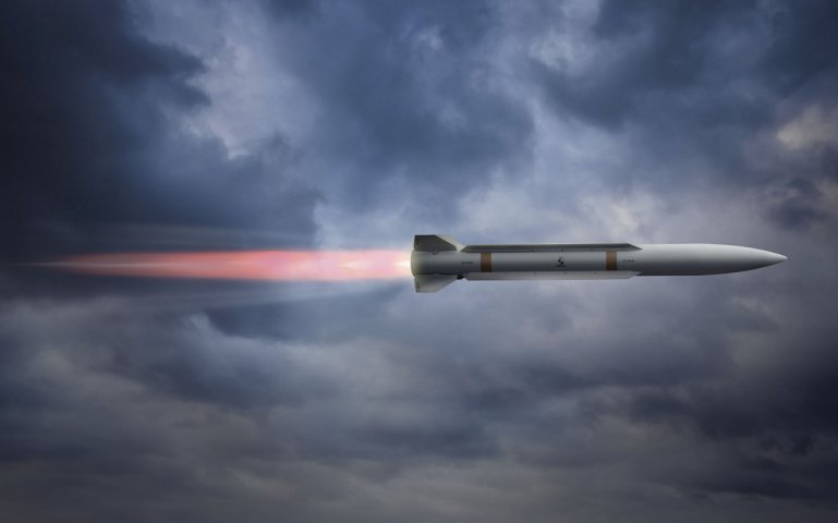 Computer-generated image of Raytheon’s developmental Peregrine medium-range air-to-air missile (Raytheon)