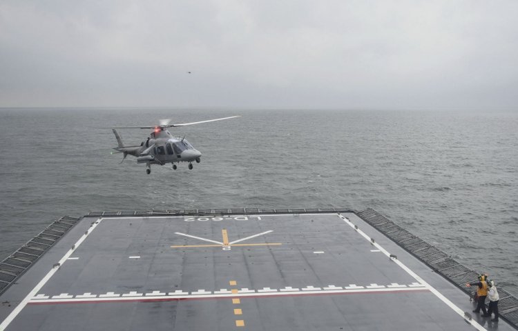 
        A Philippine Air Force AW109 helicopter approaching BRP
        Davao del Sur
        as part of its deck landing trials.
       (Philippine Navy)