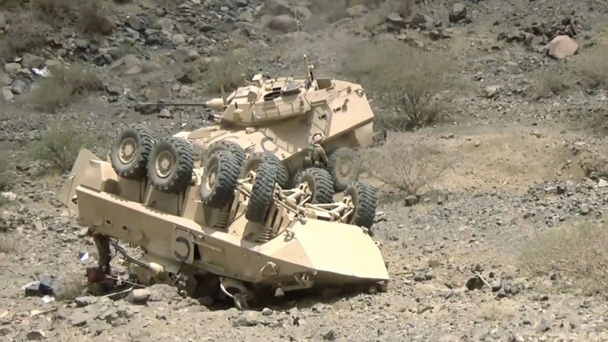 A still from the footage released by Ansar Allah shows two of the Saudi LAV II armoured fighting vehicles that were knocked out during the battle in Wadi Abu Jubarah. (Ansar Allah)