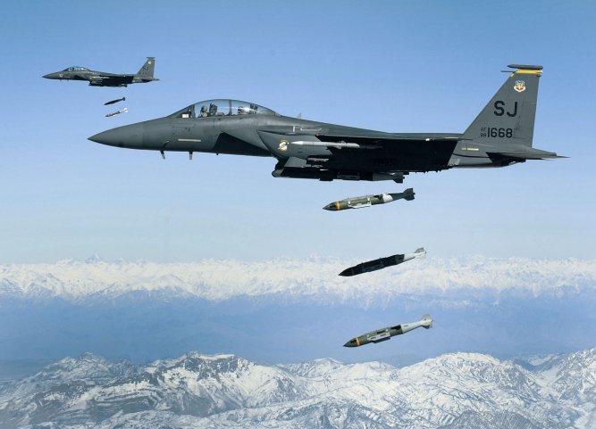 US Air Force F-15E Strike Eagles dropping munitions on Afghanistan at the height of the conflict some years ago. The US military recoded the most number of airstrikes for nearly a decade in September as the security situation on the ground deteriorates. (US Air Force)