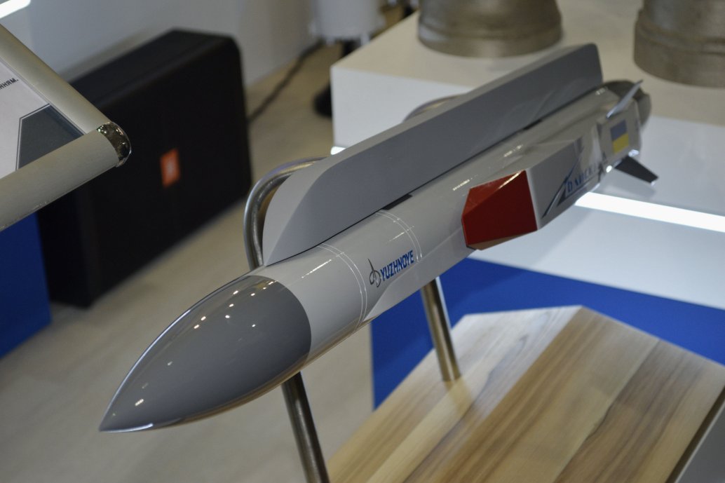 A model of Ukraine’s Bliskavka long-range supersonic, air-launched missile on display at this month's Arms and Security 2019 defence exhibition. (Reuben Johnson)