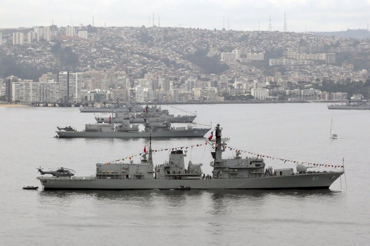 A view of part of the Chilean Navy’s Escuadra Nacional – the surface combat squadron – gathered at Valparaiso in 2018 for the navy’s 200th anniversary. In the foreground are two former Royal Navy Type 23 frigates acquired in 2005, while in the distance are three Dutch-built frigates procured in 2003. (Chilean Navy)