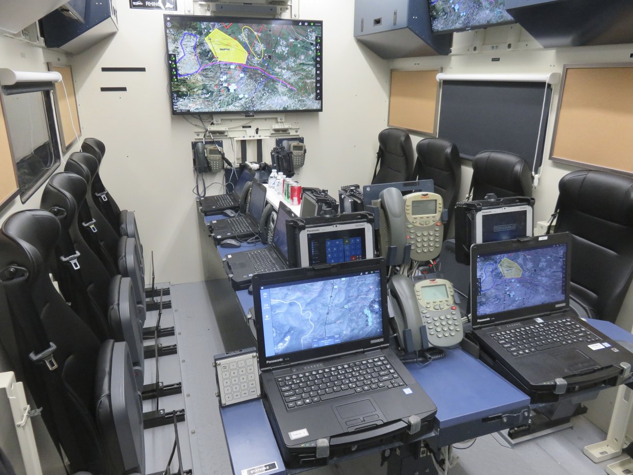 The interior of the Elbit Systems Rhino command post shelter as supplied to the IDF and displayed at AUSA 2019. It will form the basis of the Elbit Systems of America SBCT CPI2 solution. Communications and IT workstations are behind the camera. (Giles Ebbutt)