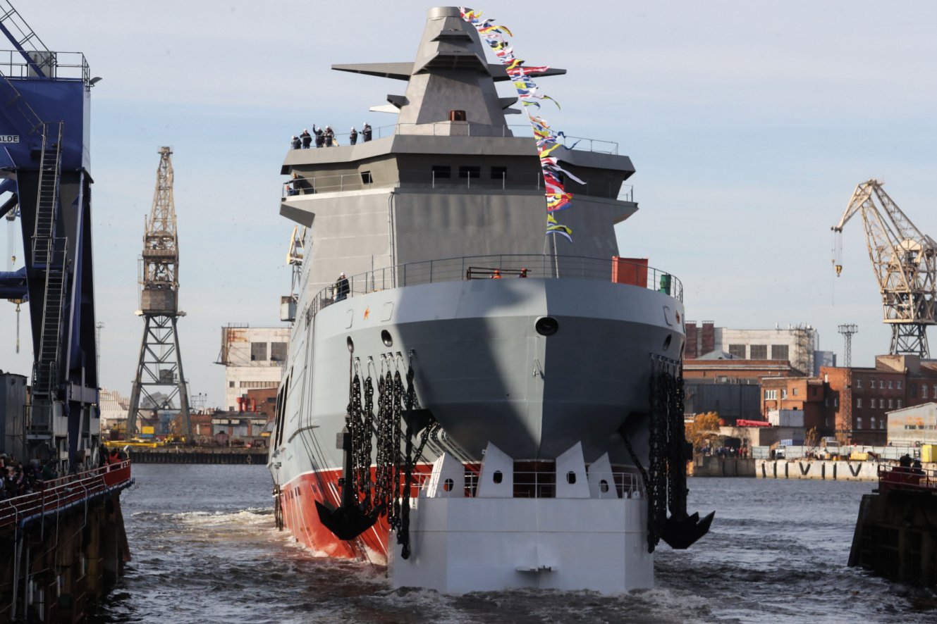 
        Russia’s Admiralty Shipyards launched the type Project 23550 ice-class patrol ship
        Ivan Papanin
        in St Petersburg on 25 October.
       (Alexander Demianchuk\TASS via Getty Images)