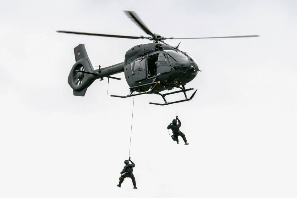 The H145M demonstrates its special forces credentials with the German KSK special forces counter-terrorism unit. Airbus is developing a smoke-screen that can protect the H145M when in the vulnerable hover. (Airbus Helicopters)