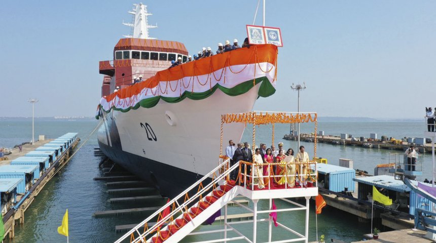 India's 11th Sankalp-class OPV, seen here at its launch ceremony. (Goa Shipyard Limited)