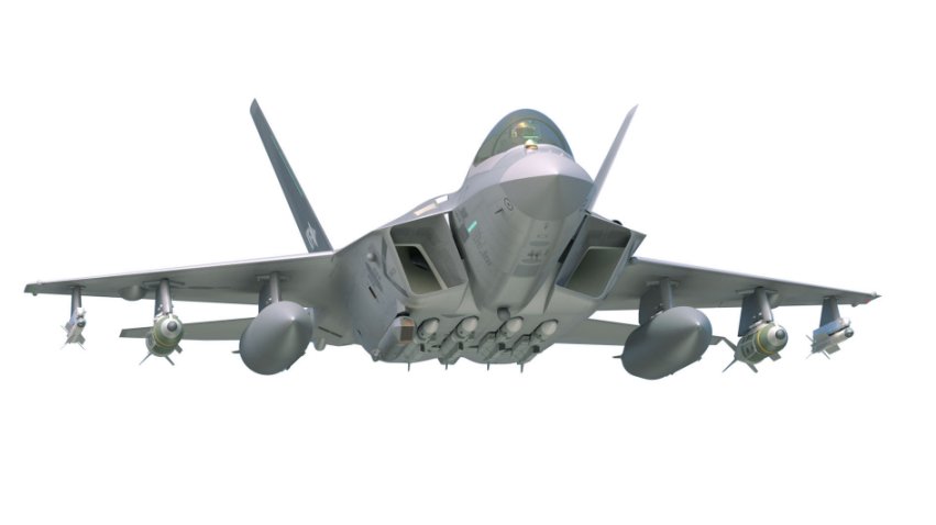 Computer-generated image of the developmental KAI KF-X fighter aircraft showing four MBDA Meteor BVRAAM effectors mounted externally on the central fuselage of the platform. (Korea Aerospace Industries)