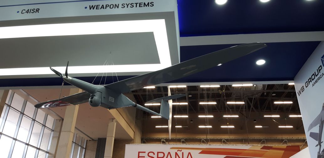 WB Group’s Flyeye mini-UAV on display at Expodefensa 2019. (Jane’s/Pat Host)