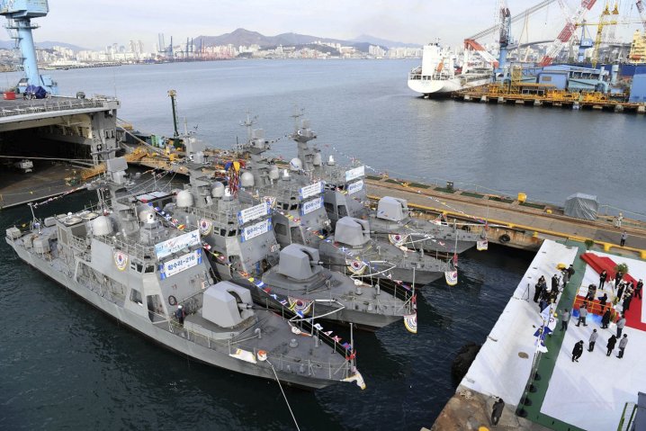 The four PKX-B-class fast attack craft launched by HHIC on 13 December bear pennant numbers 216, 217, 218, and 219. (RoK Navy )