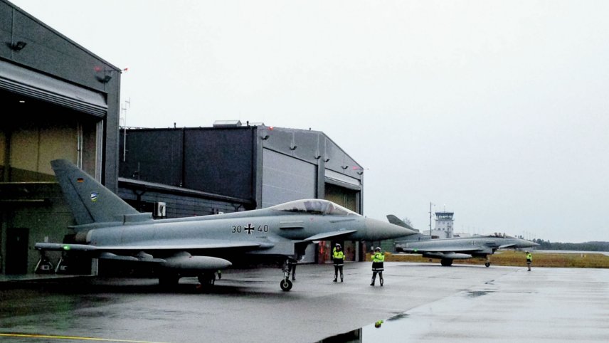 A pair of Luftwaffe Eurofighters seen on deployment to NATO's Baltic Air Policing mission in Estonia. Germany received the last of its currently contracted 143 Eurofighters on 17 December, although more orders are anticipated. (Jane’s/Gareth Jennings)