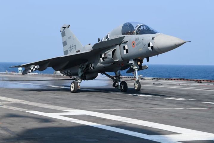 
        A prototype of India’s indigenously developed LCA (N) Mk 1 aircraft carried out its first ‘arrested landing’ on 11 January on the deck of IN carrier INS
        Vikramaditya
        .
       (Indian Navy)