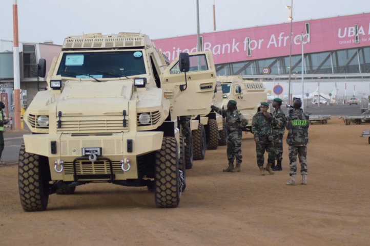 Four Streit Typhoon MRAPs are seen at Bamako’s international airport after they were delivered from the UAE (Primature du Mali)