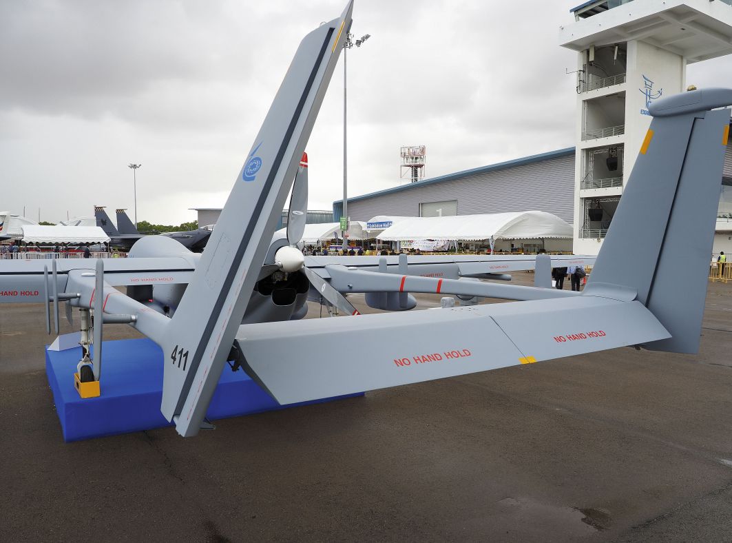 Rear view of the new Heron MKII UAV, clearly showing its Rotax 915 iS engine and three-bladed pusher propeller. (Jane’s/Kelvin Wong)